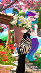 Size: 1080x1920 | Tagged: safe, artist:anthroponiessfm, oc, oc:aurora starling, butterfly, anthro, 3d, anthro oc, blushing, braid, clothes, cute, eyes closed, female, flower, flower in hair, fountain, garden, sniffing, source filmmaker, wholesome