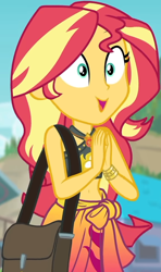 Size: 546x923 | Tagged: safe, screencap, sunset shimmer, equestria girls, g4, my little pony equestria girls: better together, belly button, bikini, bikini top, blurry background, building, cliff, clothes, cloud, cropped, cute, female, forest background, geode of empathy, hands together, jewelry, magical geodes, midriff, necklace, sarong, shimmerbetes, shoulder bag, sky, sleeveless, smiling, solo, sun, swimsuit