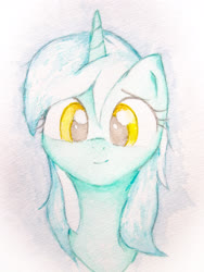 Size: 3024x4032 | Tagged: safe, artist:papersurgery, lyra heartstrings, pony, unicorn, g4, bust, female, looking at you, mare, smiling, solo, traditional art, watercolor painting
