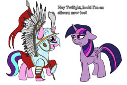 Size: 900x605 | Tagged: safe, artist:slamjam, starlight glimmer, twilight sparkle, alicorn, pony, unicorn, g4, armor, floppy ears, historical roleplay starlight, poland, simple background, spear, text, twilight sparkle (alicorn), twilight sparkle is not amused, unamused, weapon, white background, winged hussar