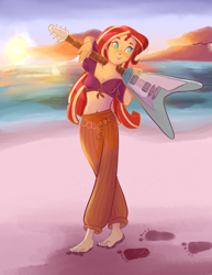 Size: 2550x3300 | Tagged: dead source, safe, artist:pettypop, sunset shimmer, equestria girls, g4, barefoot, beach, belly button, breasts, cleavage, electric guitar, feet, female, flying v, footprints, freckles, guitar, high res, musical instrument, ocean, peppered bacon, solo, sunset, toes, water