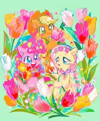 Size: 843x1018 | Tagged: safe, artist:osawari64, applejack, fluttershy, pinkie pie, earth pony, pegasus, pony, g4, alternate hairstyle, blushing, cute, female, flower, flower in hair, folded wings, green background, mare, open mouth, simple background, smiling, trio, wings