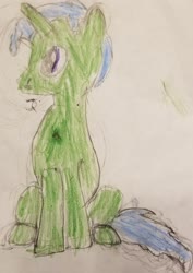 Size: 1868x2645 | Tagged: safe, artist:joeydr, oc, oc only, oc:green byte, pony, unicorn, male, signature, simple background, sitting, solo, stallion, traditional art, white background