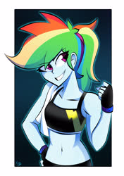 Size: 2296x3264 | Tagged: safe, artist:xan-gelx, rainbow dash, equestria girls, g4, athlete, belly button, clothes, cute, dashabetes, female, fingerless gloves, gloves, high res, midriff, sleeveless, solo, sports bra, sweat, workout outfit