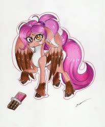 Size: 2439x2957 | Tagged: safe, artist:luxiwind, oc, oc only, oc:choco step, pegasus, pony, chocolate, female, food, high res, mare, solo, traditional art, two toned wings, wings