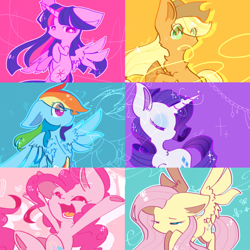 Size: 1200x1200 | Tagged: safe, artist:jisuppe, artist:rigis-ut, applejack, fluttershy, pinkie pie, rainbow dash, rarity, twilight sparkle, alicorn, earth pony, pegasus, pony, unicorn, g4, cheek fluff, chest fluff, cute, ear fluff, eye clipping through hair, eyes closed, female, lasso, mane six, mare, open mouth, profile, rope, twilight sparkle (alicorn)