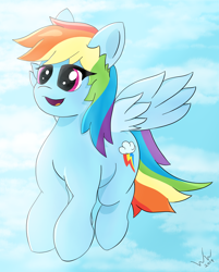 Size: 1962x2438 | Tagged: safe, artist:woodsideworks, rainbow dash, pegasus, pony, g4, female, flying, signature, sky, smiling, solo, spread wings, wings