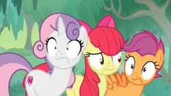 Size: 1280x720 | Tagged: safe, screencap, apple bloom, scootaloo, sweetie belle, g4, growing up is hard to do, cutie mark, cutie mark crusaders, female, growing up, older, older apple bloom, older cmc, older scootaloo, older sweetie belle, scared, shrunken pupils, the cmc's cutie marks, wavy mouth
