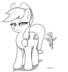 Size: 2048x2188 | Tagged: safe, artist:woodsideworks, applejack, rainbow dash, earth pony, pegasus, pony, g4, big-apple-pony, duo, female, flying, grayscale, high res, inktober, inktober 2019, macro, monochrome, simple background, size difference