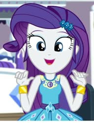 Size: 541x708 | Tagged: safe, screencap, rarity, camping must-haves, equestria girls, g4, my little pony equestria girls: better together, bed, belt buckle, blue eyes, bracelet, breaking the fourth wall, cropped, diamonds, eyeshadow, female, frilly design, geode of shielding, gold, hairpin, jewelry, magical geodes, makeup, pendant, rarity peplum dress, rarity's bedroom, sleeveless, solo, tank top