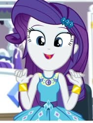 Size: 537x711 | Tagged: safe, screencap, rarity, camping must-haves, equestria girls, g4, my little pony equestria girls: better together, bracelet, cropped, female, geode of shielding, jewelry, magical geodes, open mouth, rarity peplum dress, sleeveless, solo