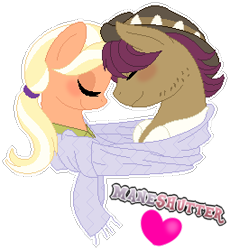 Size: 255x277 | Tagged: safe, artist:miserisyt, artist:shootingstaryt, mane allgood, snap shutter, earth pony, pegasus, pony, g4, blushing, clothes, cute, eyes closed, female, hat, heart, male, mare, scarf, shared clothing, shared scarf, ship:maneshutter, shipping, shirt, simple background, stallion, straight, transparent background