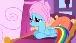 Size: 1280x720 | Tagged: safe, screencap, rainbow dash, pegasus, pony, g4, the best night ever, female, folded wings, lying down, mare, ponyloaf, prone, solo, towel, towel on head, wings