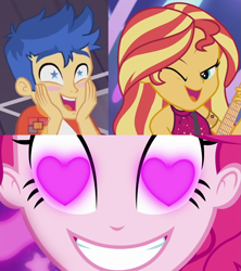 Size: 1791x2015 | Tagged: safe, edit, edited screencap, screencap, flash sentry, pinkie pie, sunset shimmer, coinky-dink world, equestria girls, equestria girls series, g4, my little pony equestria girls: summertime shorts, spring breakdown, spoiler:eqg series (season 2), all good (song), female, heart eyes, male, meme, pinkie's eyes, ship:flashimmer, shipping, shipping domino, starry eyes, straight, wingding eyes