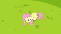 Size: 1920x1080 | Tagged: safe, screencap, fluttershy, pegasus, pony, g4, hurricane fluttershy, season 2, cute, female, floppy ears, folded wings, grass, high angle, looking down, lying down, mare, outdoors, prone, sad, sadorable, shyabetes, solo, wings