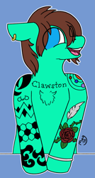 Size: 1661x3101 | Tagged: safe, artist:magmatic, oc, oc only, oc:canvas, earth pony, semi-anthro, arm hooves, chest fluff, colored, commission, ear piercing, flat colors, hoof ring, owo, piercing, smiling, solo, tattoo