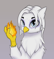 Size: 2614x2846 | Tagged: safe, artist:fuwa, oc, oc only, oc:mira, griffon, chest fluff, female, fire, griffon magic, high res, looking at you, magic, simple background