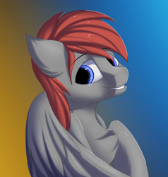 Size: 2850x3000 | Tagged: safe, artist:snowstormbat, oc, oc only, pegasus, pony, bust, chest fluff, gradient background, high res, looking back, male, portrait, smiling, solo, stallion