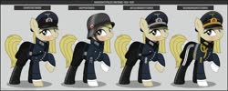 Size: 1280x512 | Tagged: safe, artist:brony-works, oc, oc only, earth pony, pony, boots, clothes, earth pony oc, eyelashes, female, hat, helmet, mare, nazi germany, raised hoof, reference sheet, shoes, smiling, solo, uniform, world war ii