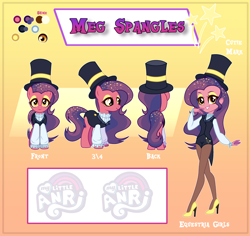 Size: 3248x3061 | Tagged: safe, artist:emperor-anri, oc, oc only, oc:meg spangles, earth pony, pony, equestria girls, g4, bedroom eyes, clothes, coat, equestria girls-ified, eyeshadow, female, hat, high heels, high res, magician, magician outfit, makeup, mare, multicolored hair, nylon, pantyhose, reference sheet, shirt, shoes, shorts, solo, top hat