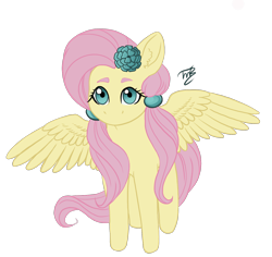 Size: 1526x1441 | Tagged: safe, artist:tillie-tmb, fluttershy, pegasus, pony, g4, alternate hairstyle, female, flower, flower in hair, mare, pigtails, simple background, solo, transparent background, twintails