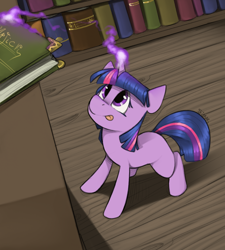 Size: 900x1000 | Tagged: safe, artist:sinrar, twilight sparkle, pony, unicorn, g4, blank flank, book, concentrating, cute, female, filly, filly twilight sparkle, library, magic, solo, tongue out, unicorn twilight, younger