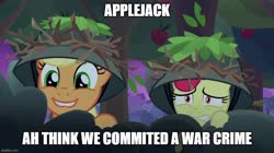 Size: 888x499 | Tagged: safe, edit, edited screencap, editor:twi clown, screencap, apple bloom, applejack, earth pony, pony, g4, going to seed, caption, female, filly, helmet, image macro, imgflip, mare, meme, scared, smiling, text, war crime