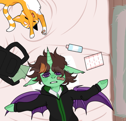 Size: 2425x2338 | Tagged: safe, artist:virumi, oc, oc only, oc:mareula snyde, alicorn, bat pony, bat pony alicorn, cat, pony, alicorn oc, bag, bandaid, bat pony oc, bat wings, bed, bored, bottle, clothes, commission, exhausted, eyes closed, female, high res, horn, mare, necktie, paper, robe, rug, shirt, solo, water bottle, wings, ych result