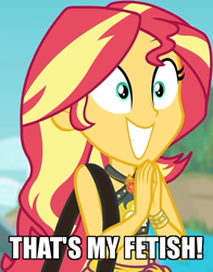Size: 550x700 | Tagged: safe, edit, edited screencap, screencap, sunset shimmer, equestria girls, equestria girls series, forgotten friendship, g4, belly button, bikini, bikini top, blurry background, building, caption, cliff, clothes, cloud, cropped, cute, female, forest background, geode of empathy, gold, hands together, image macro, jewelry, magical geodes, midriff, necklace, outdoors, sarong, shimmerbetes, shoulder bag, sky, smiling, solo, sun, swimsuit, text, that is my fetish, wristband