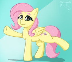 Size: 1026x873 | Tagged: safe, artist:glacierwerks, artist:woodsideworks, fluttershy, pegasus, pony, g4, abstract background, collaboration, cute, extended trot pose, female, looking at you, mare, shyabetes, signature, solo