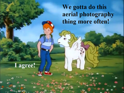 Size: 935x701 | Tagged: safe, edit, edited screencap, editor:korora, screencap, danny williams, surprise, g1, my little pony 'n friends, the great rainbow caper, adoraprise, backpack, baseball cap, bow, cap, cute, dialogue, flower, hat, tail bow, tree