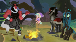 Size: 1280x720 | Tagged: safe, artist:secury, cozy glow, king sombra, lord tirek, queen chrysalis, centaur, changeling, changeling queen, pegasus, pony, unicorn, frenemies (episode), g4, alternate scenario, campfire, colored, female, fire, legion of doom, male, nose piercing, piercing, septum piercing, stallion