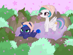 Size: 500x375 | Tagged: safe, artist:zokkili, princess celestia, princess luna, alicorn, pony, g4, bath, cherry blossoms, cute, duo, female, flower, flower blossom, mare, onsen, petals, royal sisters, swimming pool, towel on head, water