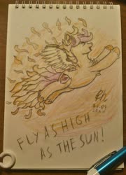 Size: 2997x4159 | Tagged: safe, scootaloo, pegasus, pony, g4, female, filly, flight of icarus, icarus, iron maiden, scootaloo can fly, singing, song reference, sun, traditional art