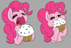 Size: 943x636 | Tagged: safe, artist:dendollae, pinkie pie, earth pony, pony, g4, blushing, bust, cupcake, cute, diapinkes, eating, eyes closed, female, food, gray background, mare, open mouth, simple background, solo