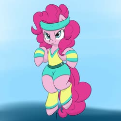 Size: 1280x1280 | Tagged: safe, artist:dendollae, pinkie pie, earth pony, pony, a friend in deed, g4, bipedal, clothes, cute, diapinkes, female, leg warmers, mare, shorts, solo, sweatband, workout outfit, wristband