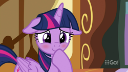 Size: 1280x720 | Tagged: safe, screencap, twilight sparkle, alicorn, pony, cakes for the memories, g4, spoiler:cakes for the memories, spoiler:mlp friendship is forever, 9go, australia, blushing, cute, embarrassed, female, floppy ears, mare, smiling, solo, sugarcube corner, twiabetes, twilight sparkle (alicorn)