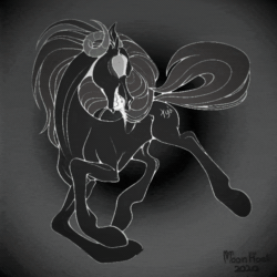 Size: 640x640 | Tagged: safe, alternate version, artist:moonhoek, oc, oc only, oc:moon hoek, earth pony, pony, animated, black and white, cyrillic, fangs, female, grayscale, hoers, horns, mare, monochrome, simple background, sketch, skinny, solo, sternocleidomastoid, thin, thin legs, tongue out