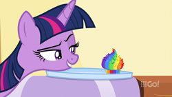 Size: 1280x720 | Tagged: safe, screencap, twilight sparkle, alicorn, pony, cakes for the memories, g4, my little pony: friendship is forever, 9go, australia, cupcake, food, rainbow cupcake, raised eyebrow, smuglight sparkle, sugarcube corner, twilight sparkle (alicorn)