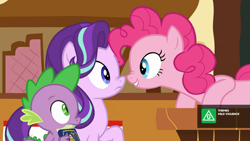 Size: 1280x720 | Tagged: safe, screencap, pinkie pie, spike, starlight glimmer, dragon, cakes for the memories, g4, my little pony: friendship is forever, book, boop, noseboop, sugarcube corner, winged spike, wings
