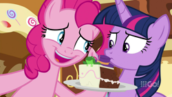 Size: 1280x720 | Tagged: safe, screencap, pinkie pie, twilight sparkle, alicorn, frog, pony, cakes for the memories, g4, spoiler:cakes for the memories, spoiler:mlp friendship is forever, 9go, australia, cake, food, smiling, sugarcube corner, twilight sparkle (alicorn)