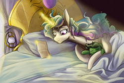 Size: 1500x1000 | Tagged: safe, artist:andromailus, princess celestia, oc, oc:anon, g4, anonicorn, bed, bed mane, colt, female, in bed, male, momlestia, sleeping, snuggling, waking up