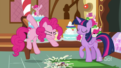 Size: 1280x720 | Tagged: safe, screencap, pinkie pie, twilight sparkle, alicorn, frog, pony, cakes for the memories, g4, my little pony: friendship is forever, 9go, australia, bipedal, cake, food, throwing, twilight sparkle (alicorn)