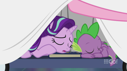 Size: 1280x720 | Tagged: safe, screencap, pinkie pie, spike, starlight glimmer, dragon, earth pony, pony, unicorn, cakes for the memories, g4, spoiler:cakes for the memories, spoiler:mlp friendship is forever, 9go, australia, book, cute, scrapbook, sleeping, winged spike, wings