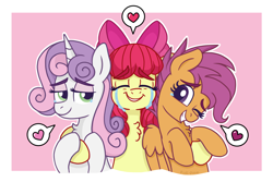 Size: 2250x1507 | Tagged: safe, artist:pink-pone, apple bloom, scootaloo, sweetie belle, earth pony, pegasus, pony, unicorn, g4, chest fluff, crying, cute, cutie mark crusaders, female, heart, hug, older, older apple bloom, older cmc, older scootaloo, older sweetie belle, pictogram, redraw, simple background, smiling, tears of joy, teary eyes