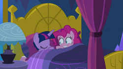 Size: 824x462 | Tagged: safe, screencap, pinkie pie, twilight sparkle, alicorn, pony, cakes for the memories, g4, my little pony: friendship is forever, bed, context is for the weak, lip bite, out of context, sleeping, twilight sparkle (alicorn)