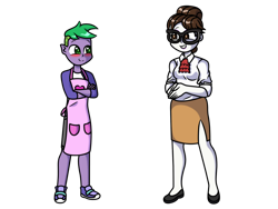 Size: 900x675 | Tagged: safe, artist:pony4koma, raven, spike, dragon, unicorn, equestria girls, apron, ascot, blushing, clothes, crossed arms, female, glasses, hair bun, happy, heart, legs, male, mare, older, older spike, ravenspike, secretary, shipping, shoes, simple background, skirt, smiling, smirk, sneakers, straight, transparent background