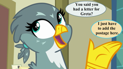 Size: 1280x720 | Tagged: safe, edit, edited screencap, editor:korora, screencap, gabby, griffon, dragon dropped, g4, cute, dialogue, flipped image, gabbybetes, implied gallus, implied greta, mail, speech bubble