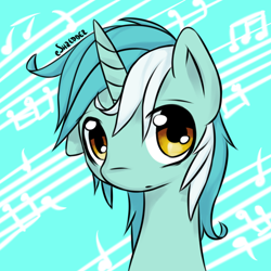 Size: 800x800 | Tagged: safe, artist:eshredder, lyra heartstrings, pony, unicorn, g4, blue background, bust, cute, female, lyrabetes, mare, music notes, portrait, simple background, solo