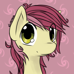 Size: 800x800 | Tagged: safe, artist:eshredder, roseluck, pony, g4, bust, cute, eye clipping through hair, female, looking at you, mare, portrait, red background, rosabetes, simple background, solo